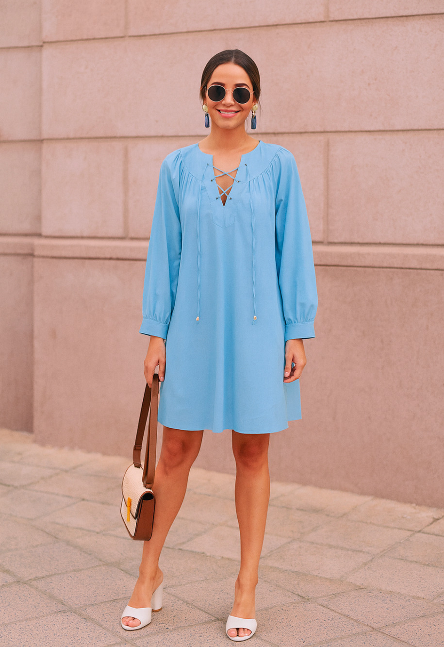 Pomander Place Tuckernuck Blue Lace-Up Mini Dress XS Long Sleeve A-Line
